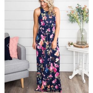 Navy Blue Floral Print Maxi Dress - Size Small